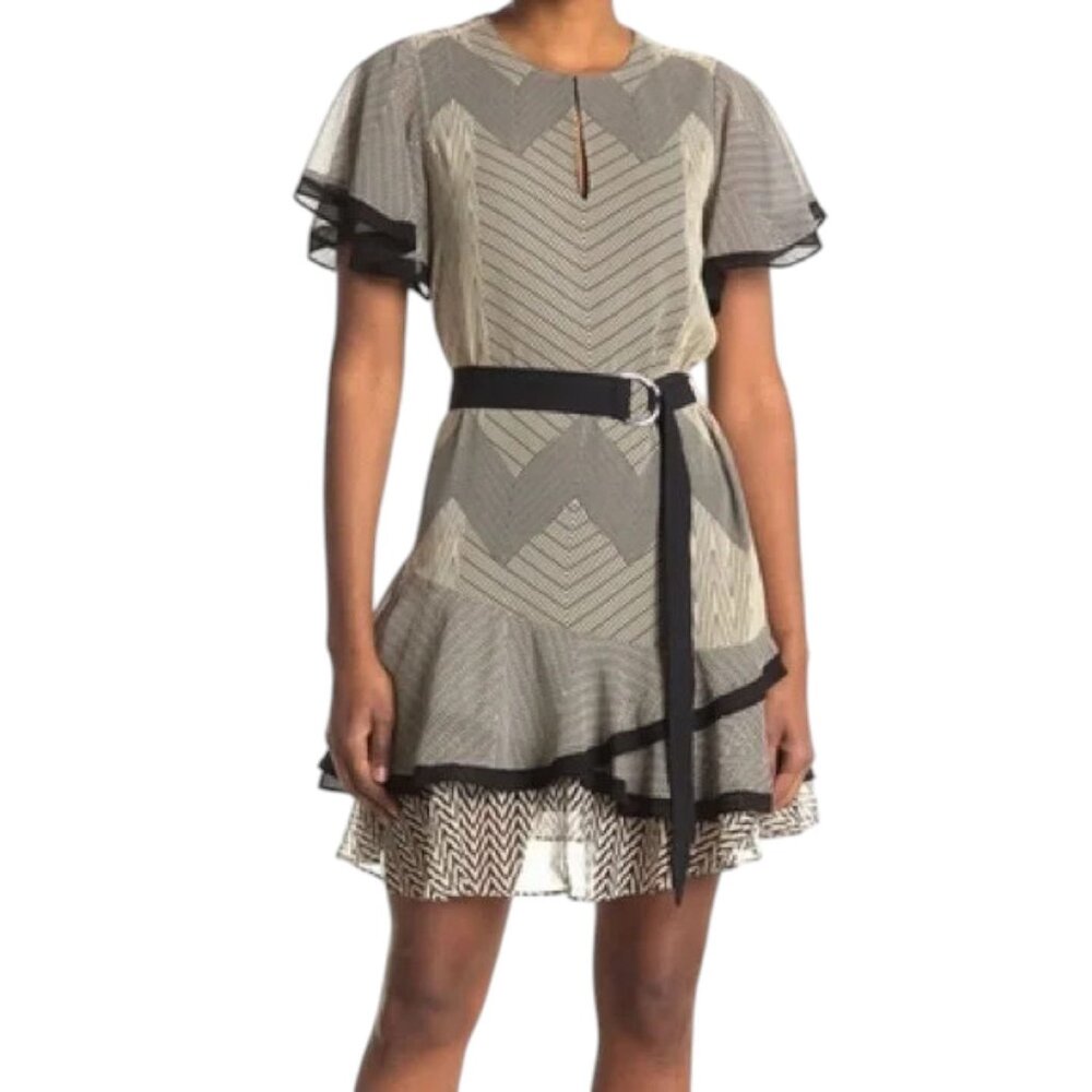 Reiss Hannah Zig Zag Print Tiered Dress, Black/Neutral in size 6